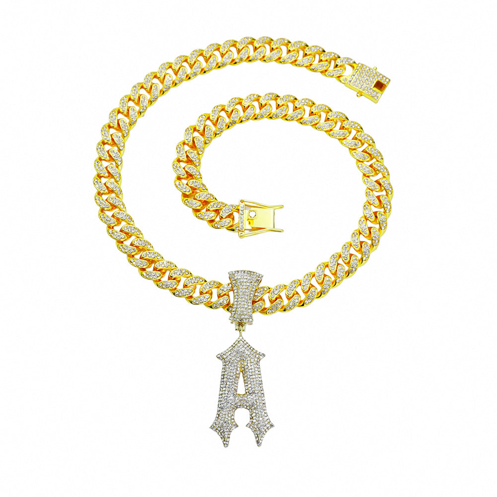 Single Letter A Pendant Cuban Chain Necklace