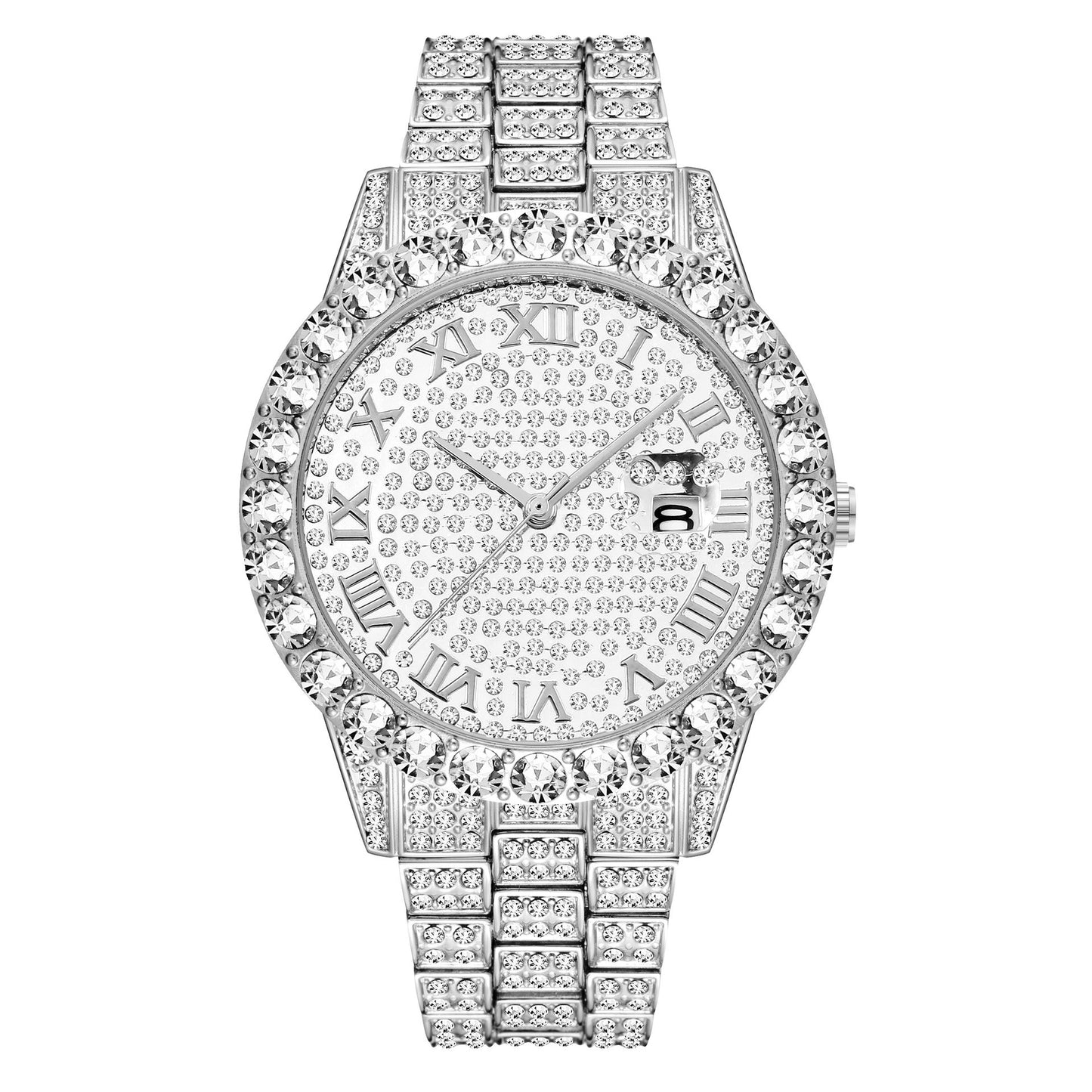 Trendy Steel Tape Cuban Full Diamond Watch & Bracelet for Men
