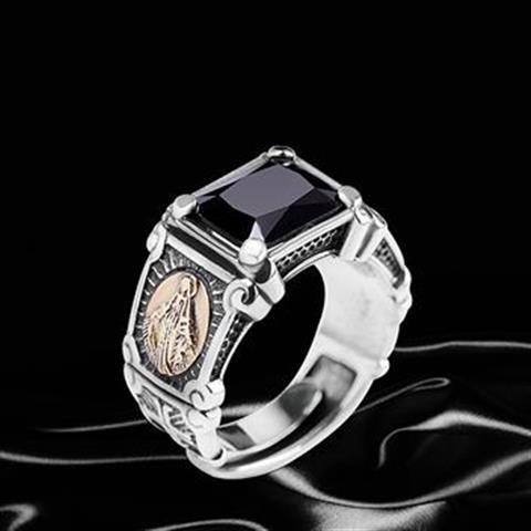 Rhodium Plated Imitation Black Agate Open Designed Ring