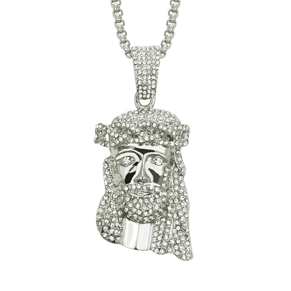 Gold Diamond Trim Jesus Pendant Necklace