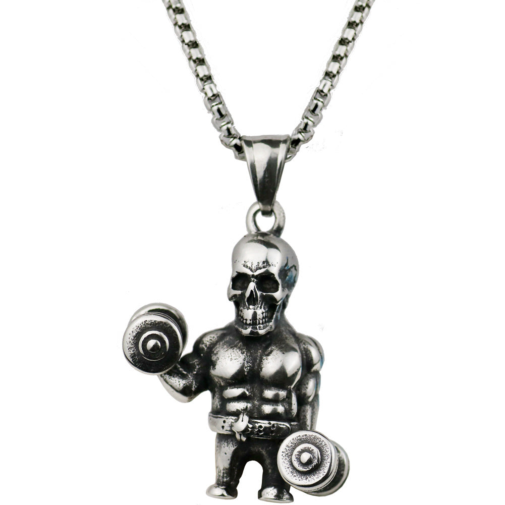 Hip-Hop Skull Dumb Bell Pendant Necklace