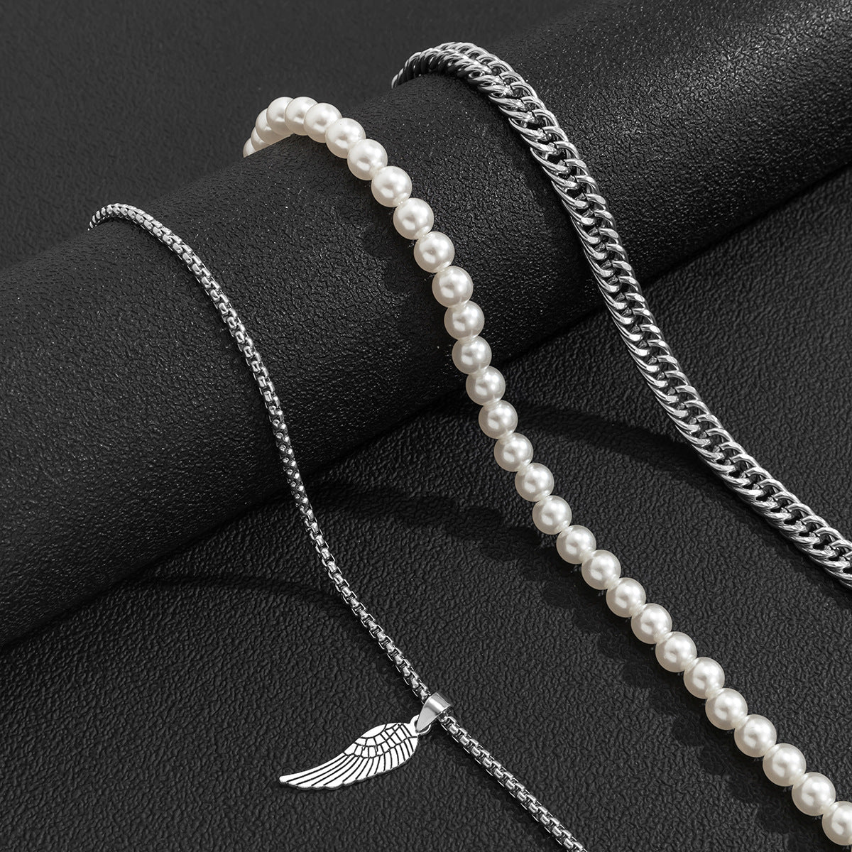 Silver Feather Pendant Multilayer Pearl Chain