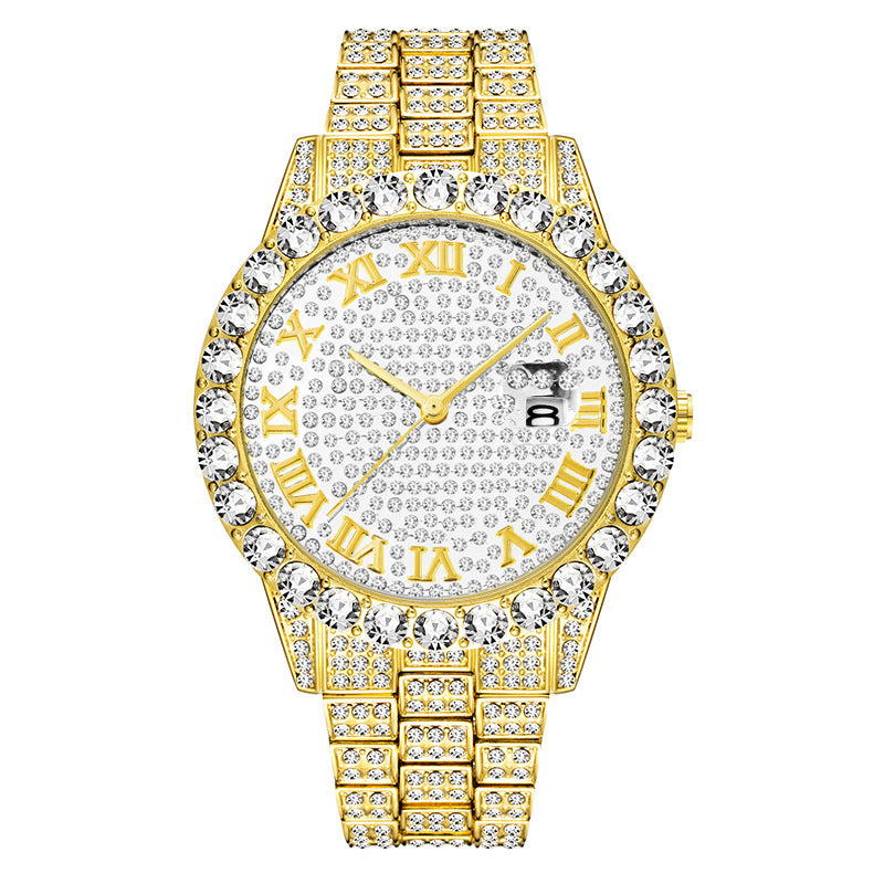 Trendy Steel Tape Cuban Full Diamond Watch & Bracelet for Men