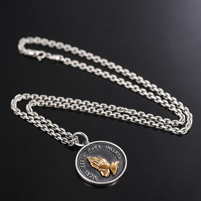 Prayer Hand Coin Pendant Necklace