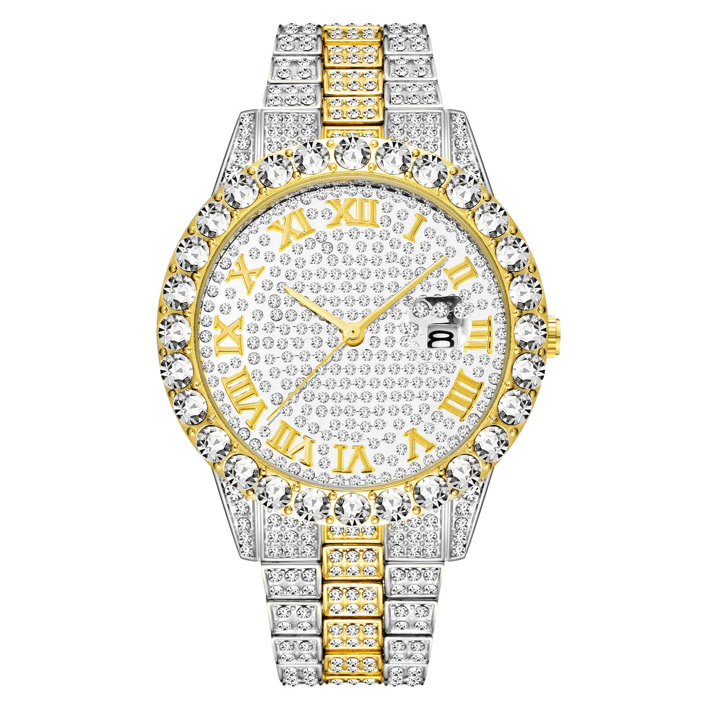 Trendy Steel Tape Cuban Full Diamond Watch & Bracelet for Men