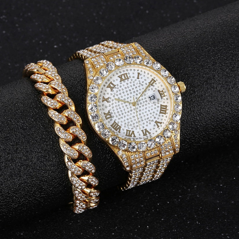 Trendy Steel Tape Cuban Full Diamond Watch & Bracelet for Men