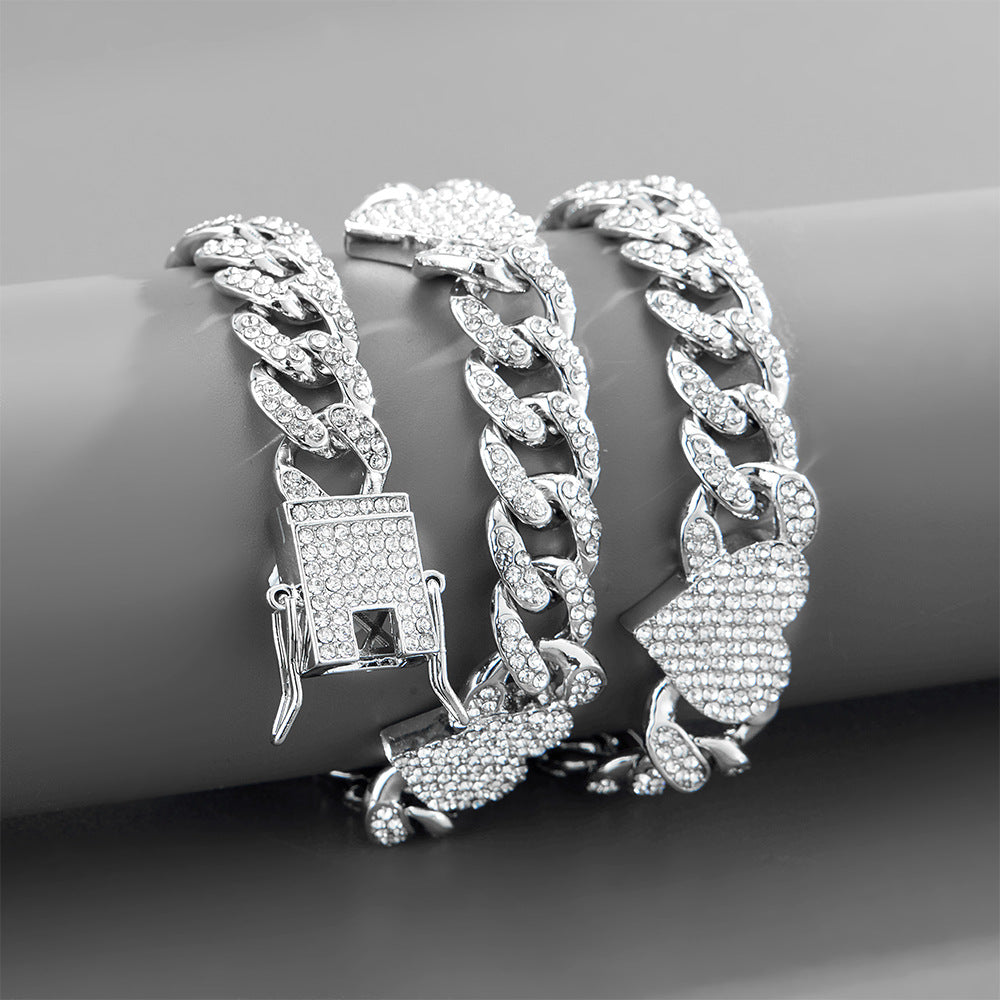 Heart Shape Decorate Diamond Cuban Bracelet