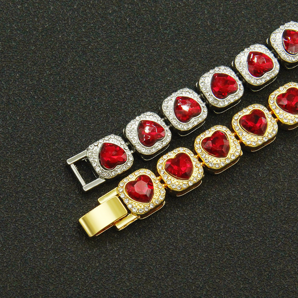Silver Peach Heart Love Red Diamond Chain