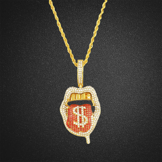 Dollar Sign on Tongue Pendant Cuban Necklace