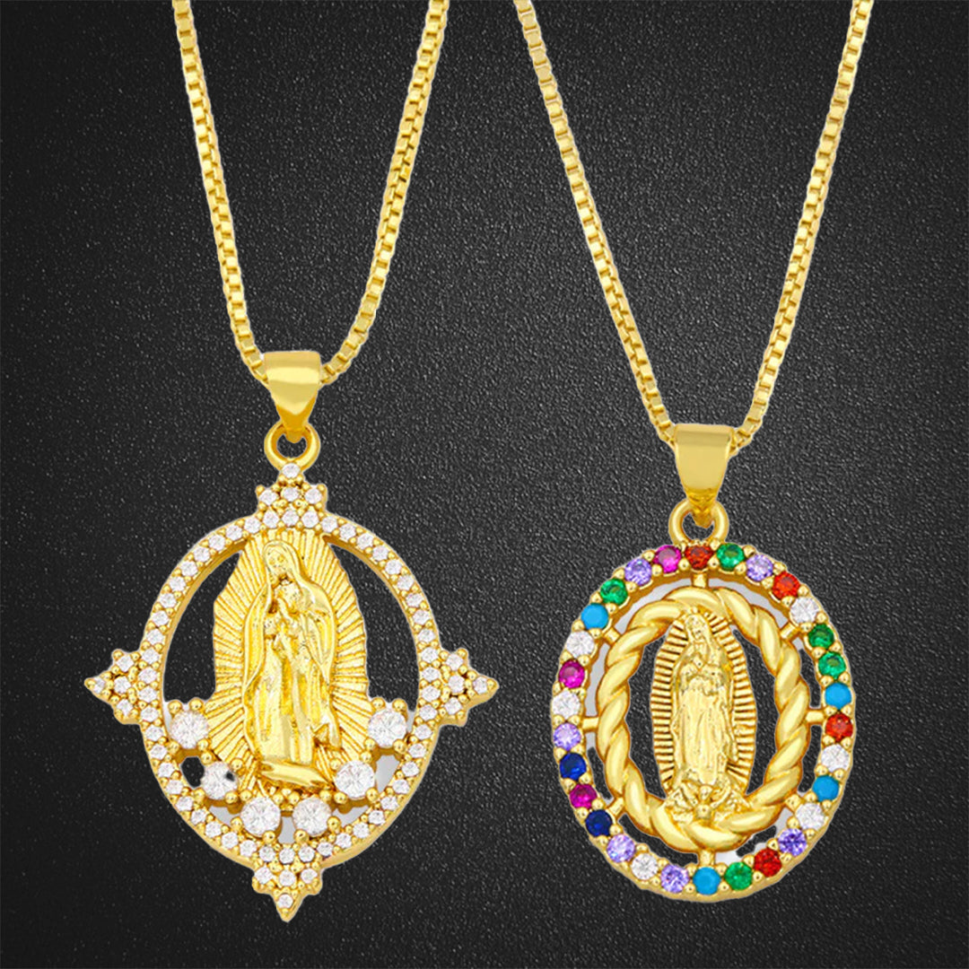 Colorful Diamond Virgin Maria Pendant Necklace