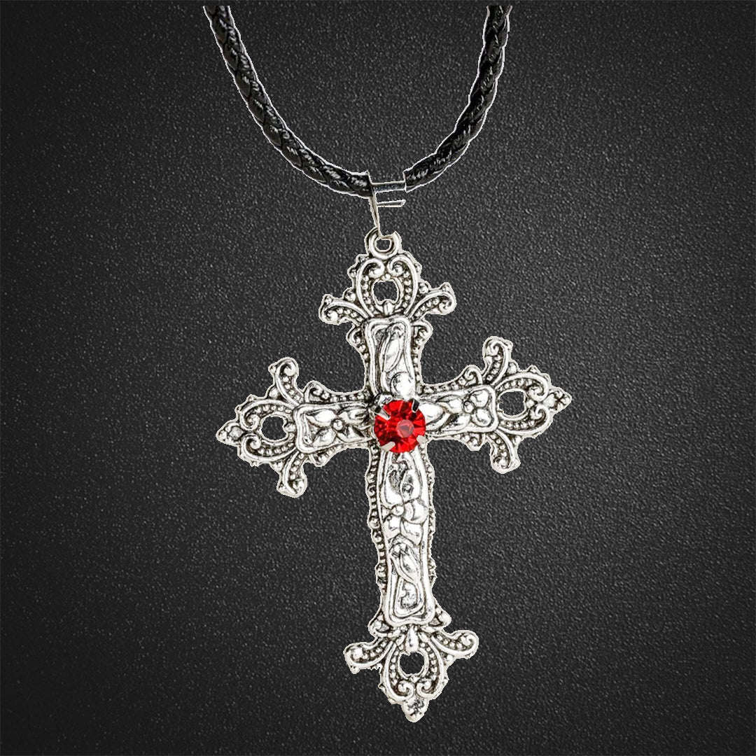 Cross Pendant Necklace Inlaid with Red Stone