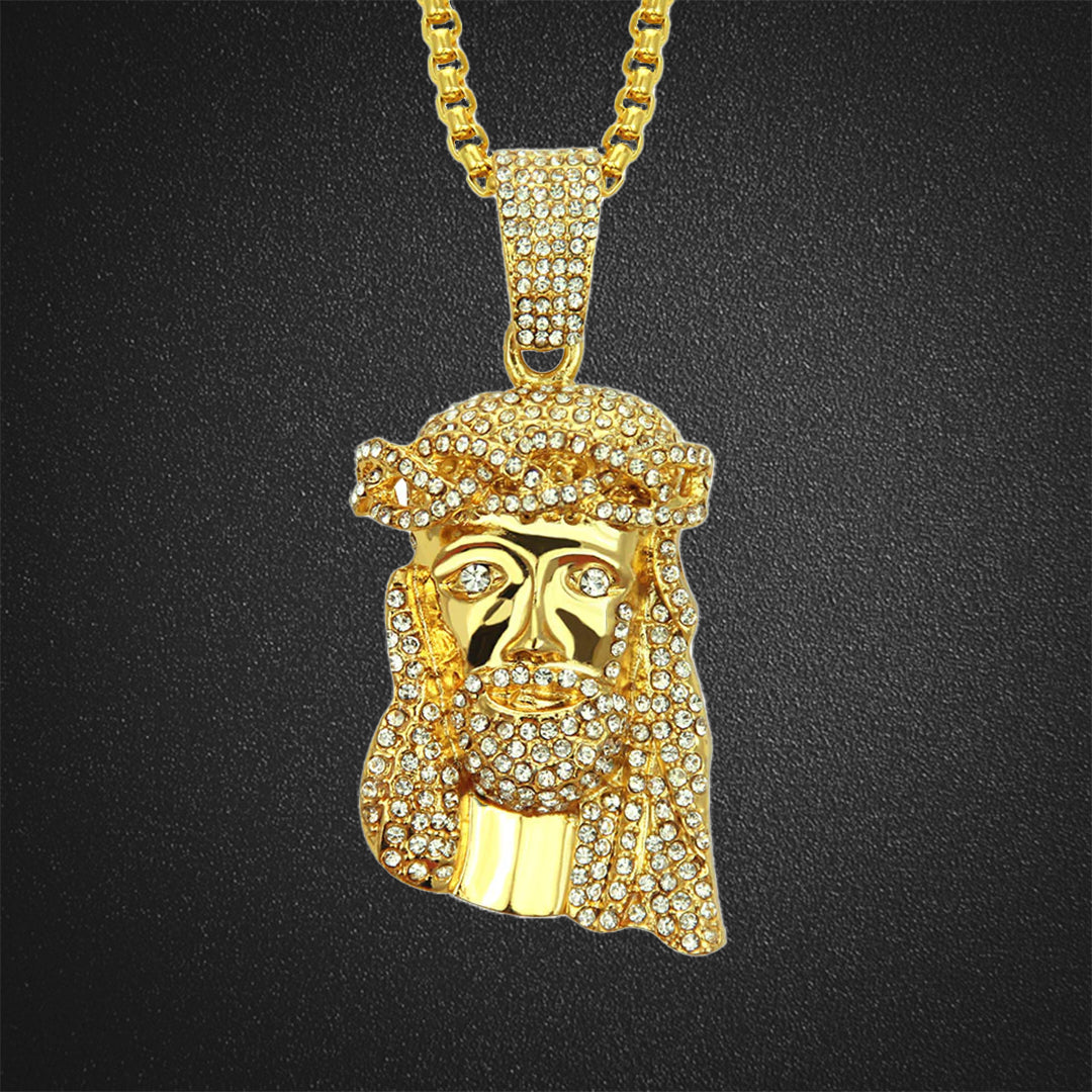 Gold Diamond Trim Jesus Pendant Necklace