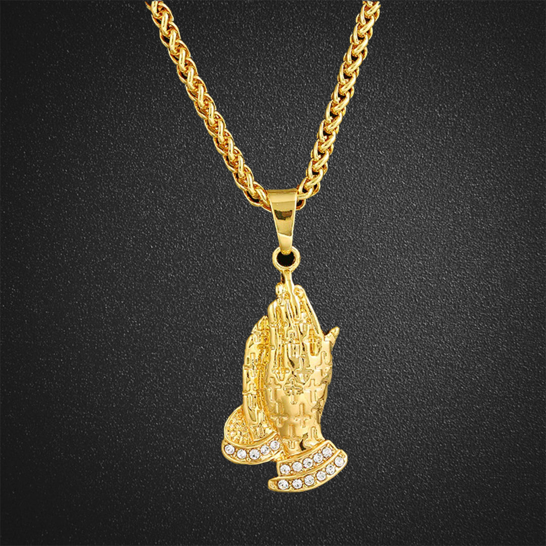 Gold Plated Praying Hands Hip Hop Necklace