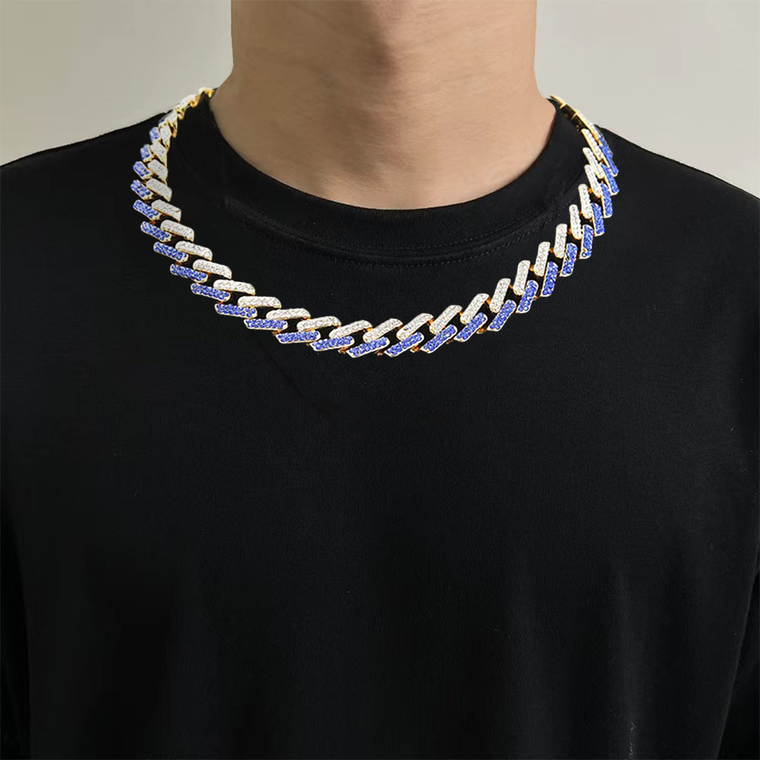 Golden Cuban Chain Necklace inlaid with Blue and White Diamonds