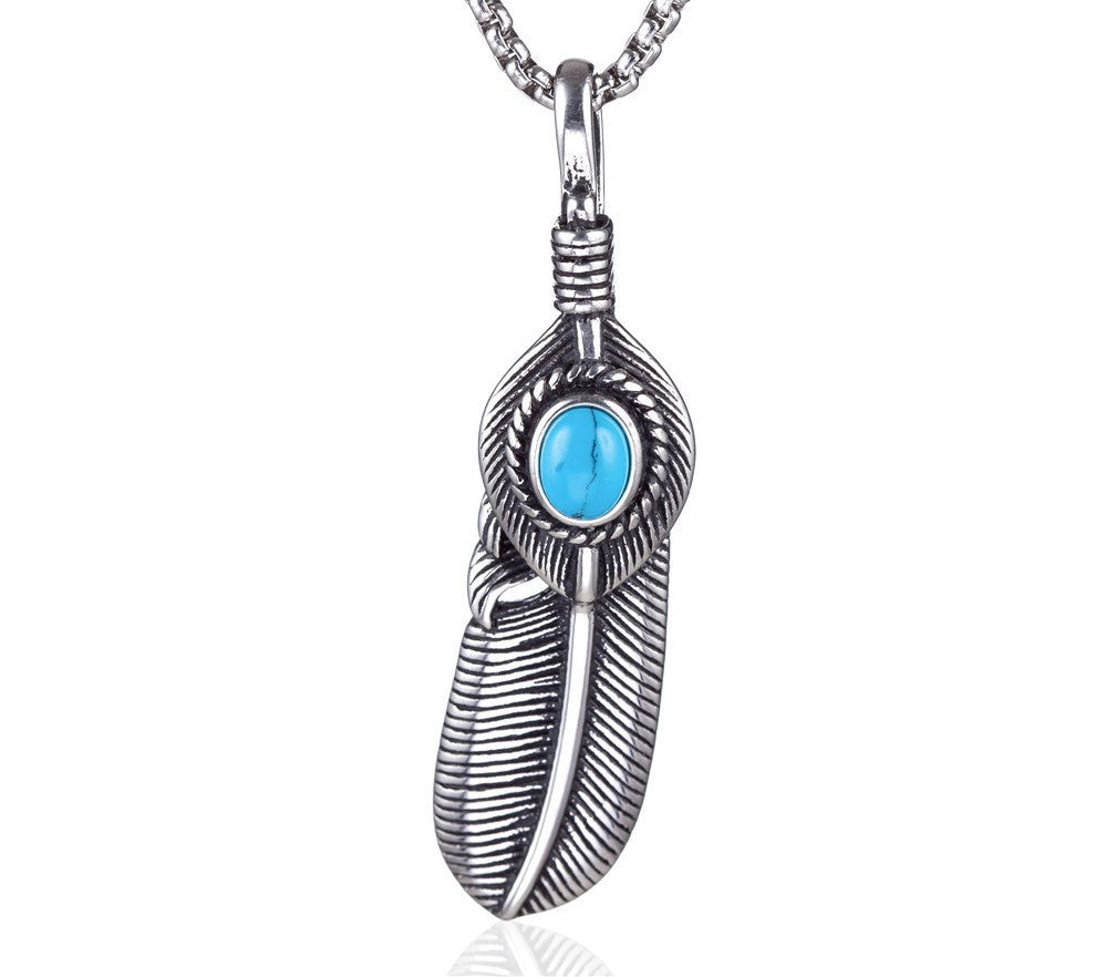 Titanium Steel Turquoise Feather Pendant Necklace