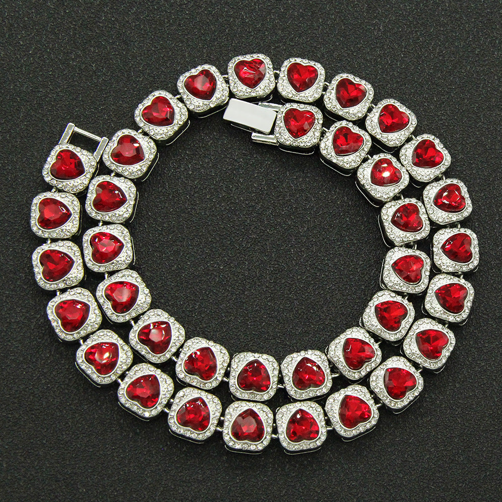 Silver Peach Heart Love Red Diamond Chain