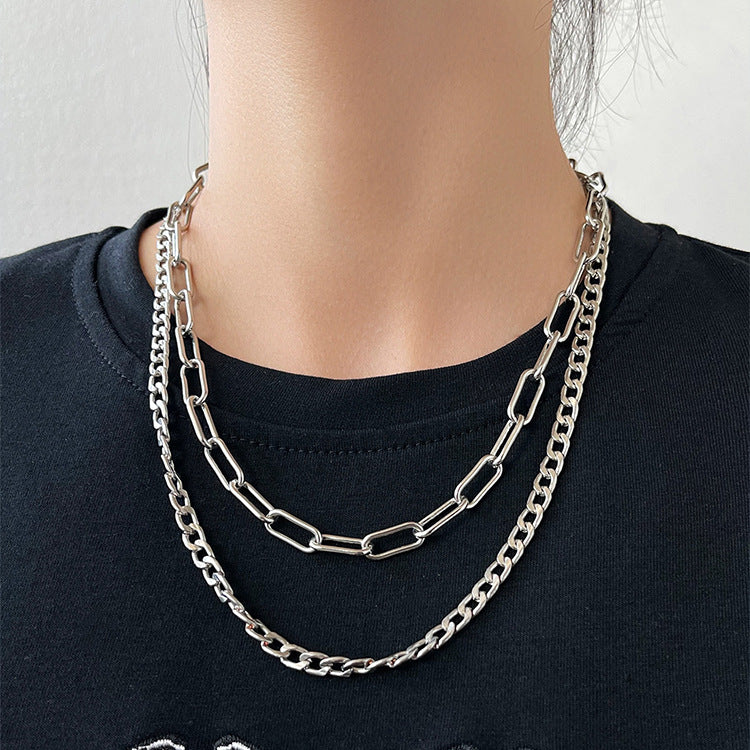 Hip-Hop Paper Clip Double Figaro Chain Necklace