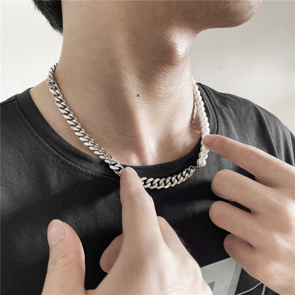 Pearl and Steel Figaro Chain Necklace