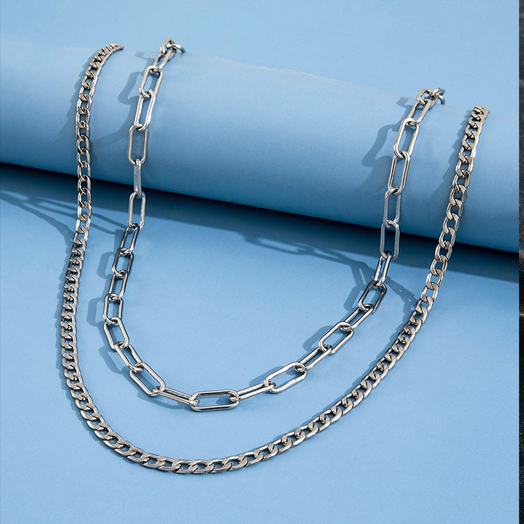 Hip-Hop Paper Clip Double Figaro Chain Necklace