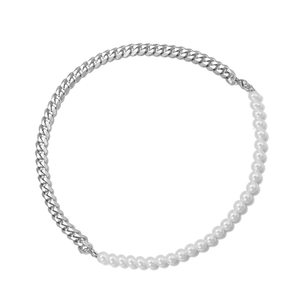 Pearl and Steel Figaro Chain Necklace