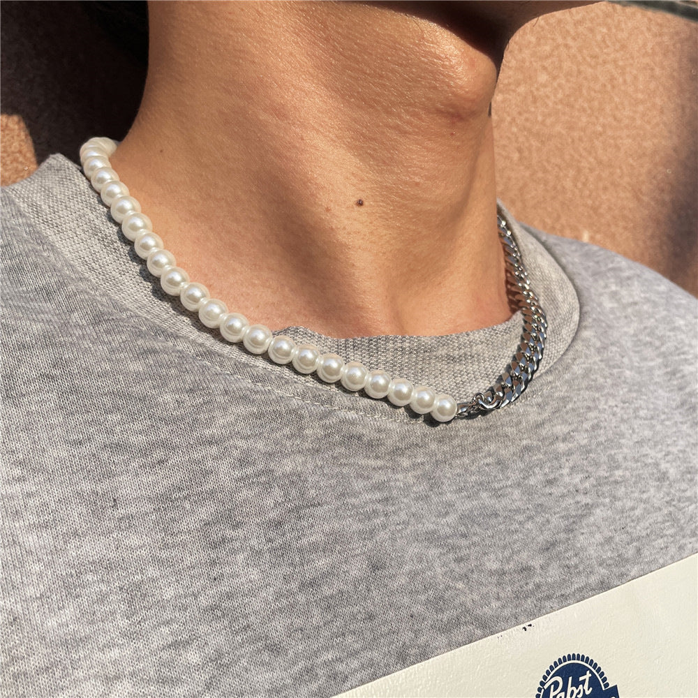 Pearl and Steel Figaro Chain Necklace