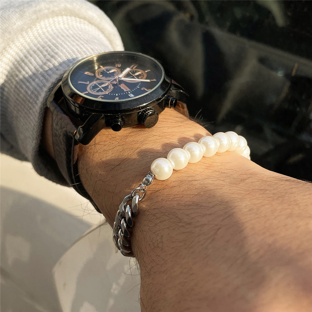Pearl and Steel Figaro Chain Necklace