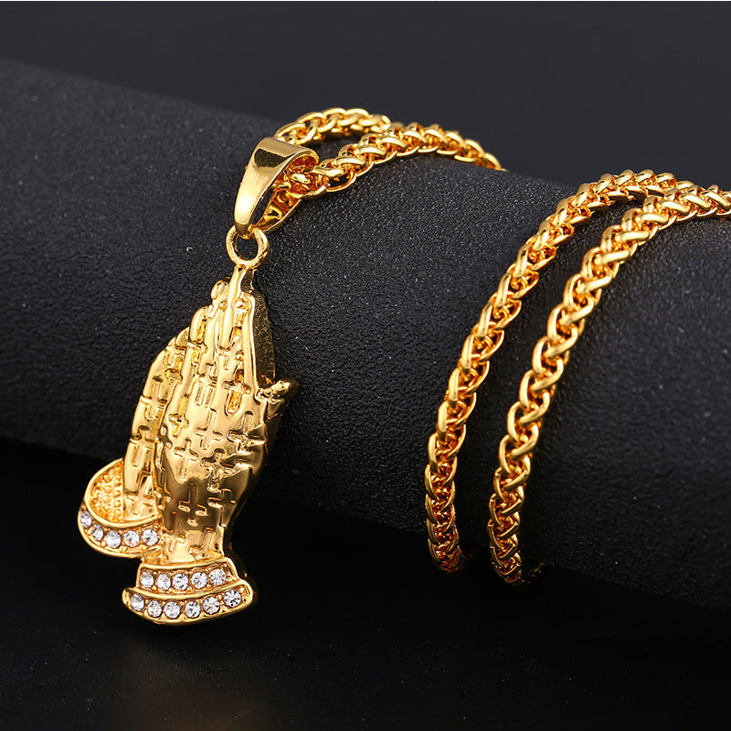Gold Plated Praying Hands Hip Hop Necklace