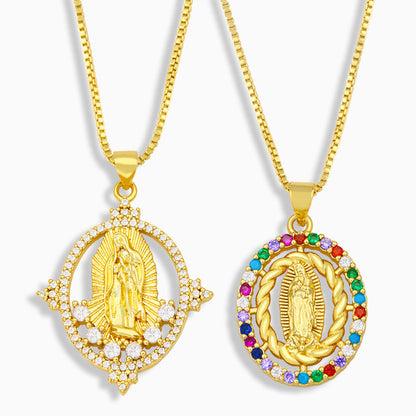 Colorful Diamond Virgin Maria Pendant Necklace