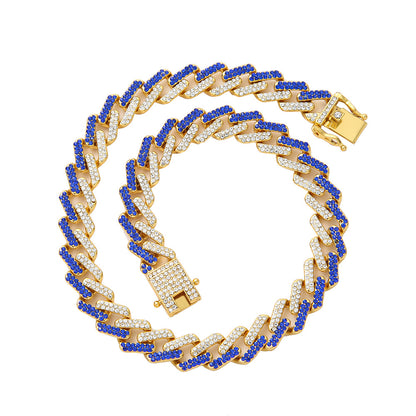 Golden Cuban Chain Necklace inlaid with Blue and White Diamonds