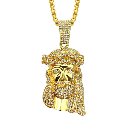 Gold Diamond Trim Jesus Pendant Necklace