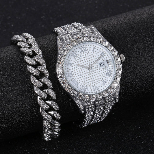 Trendy Steel Tape Cuban Full Diamond Watch & Bracelet for Men