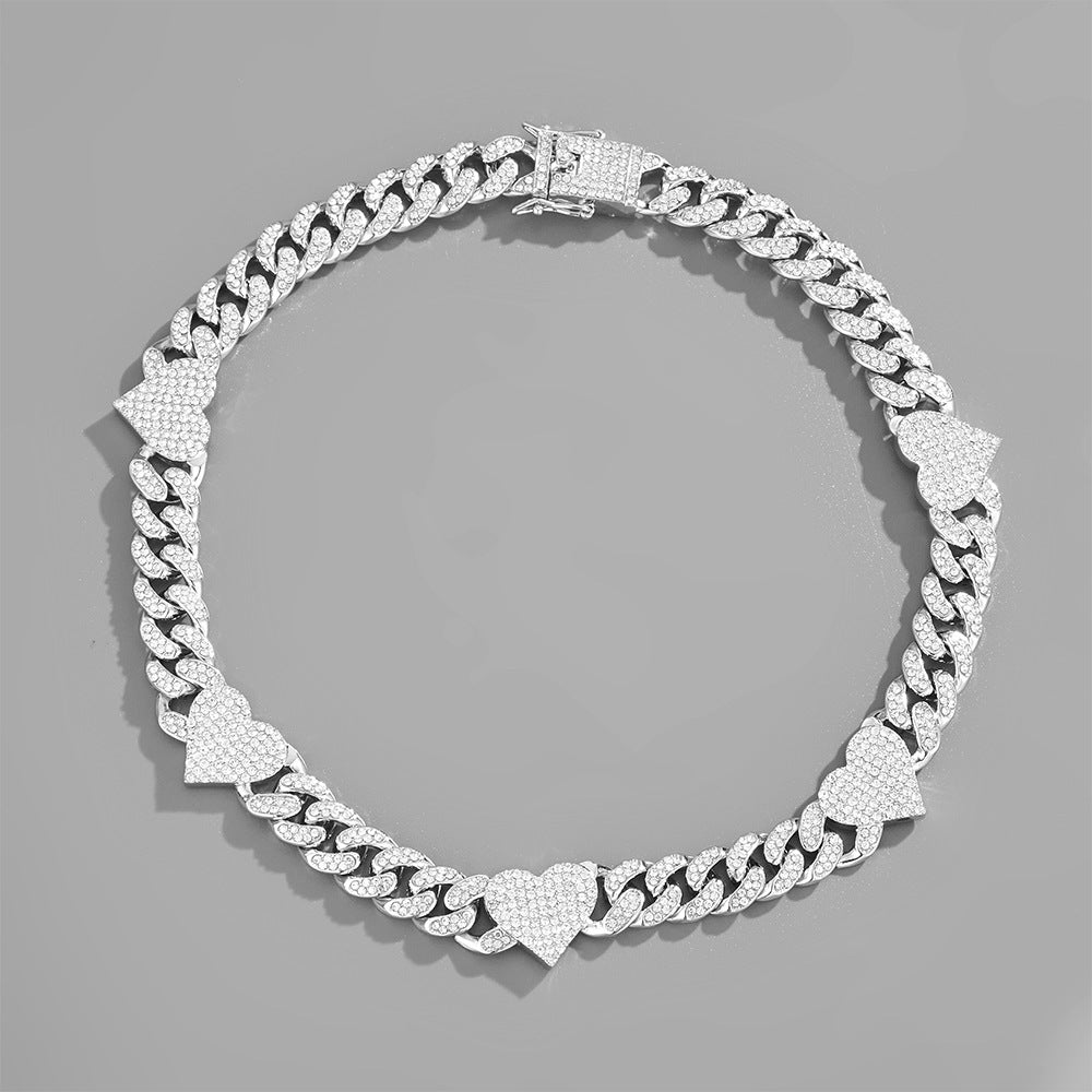 Heart Shape Decorate Diamond Cuban Bracelet