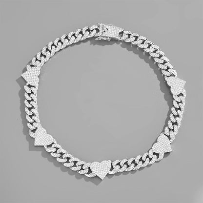 Heart Shape Decorate Diamond Cuban Bracelet