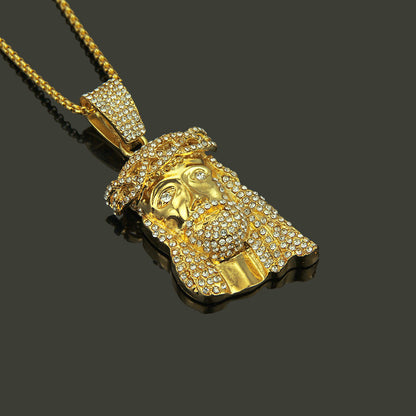 Gold Diamond Trim Jesus Pendant Necklace