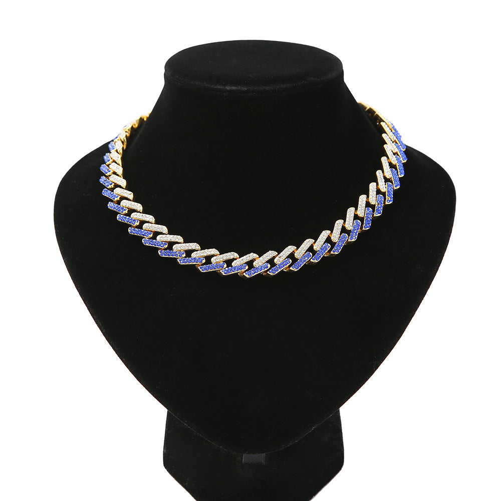 Golden Cuban Chain Necklace inlaid with Blue and White Diamonds