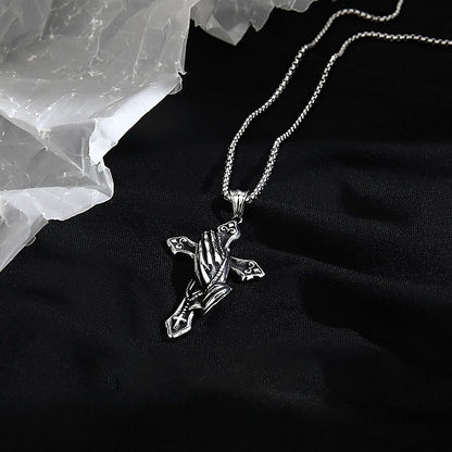 Pure Silver Cross with Praying Hand Necklace