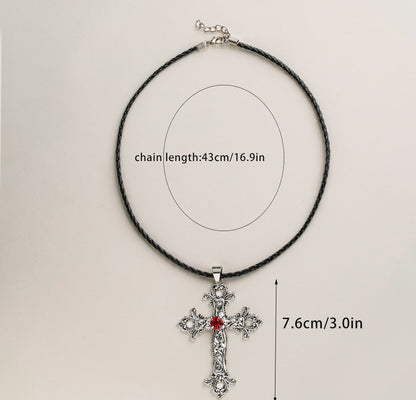 Cross Pendant Necklace Inlaid with Red Stone