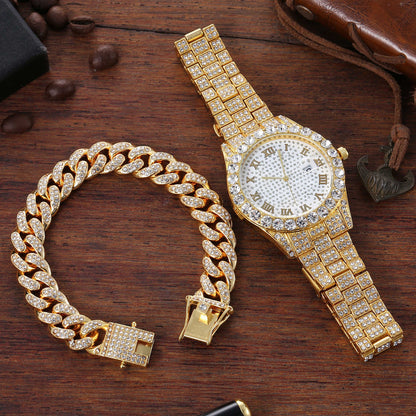 Trendy Steel Tape Cuban Full Diamond Watch & Bracelet for Men