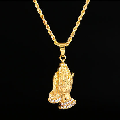 Gold Plated Praying Hands Hip Hop Necklace