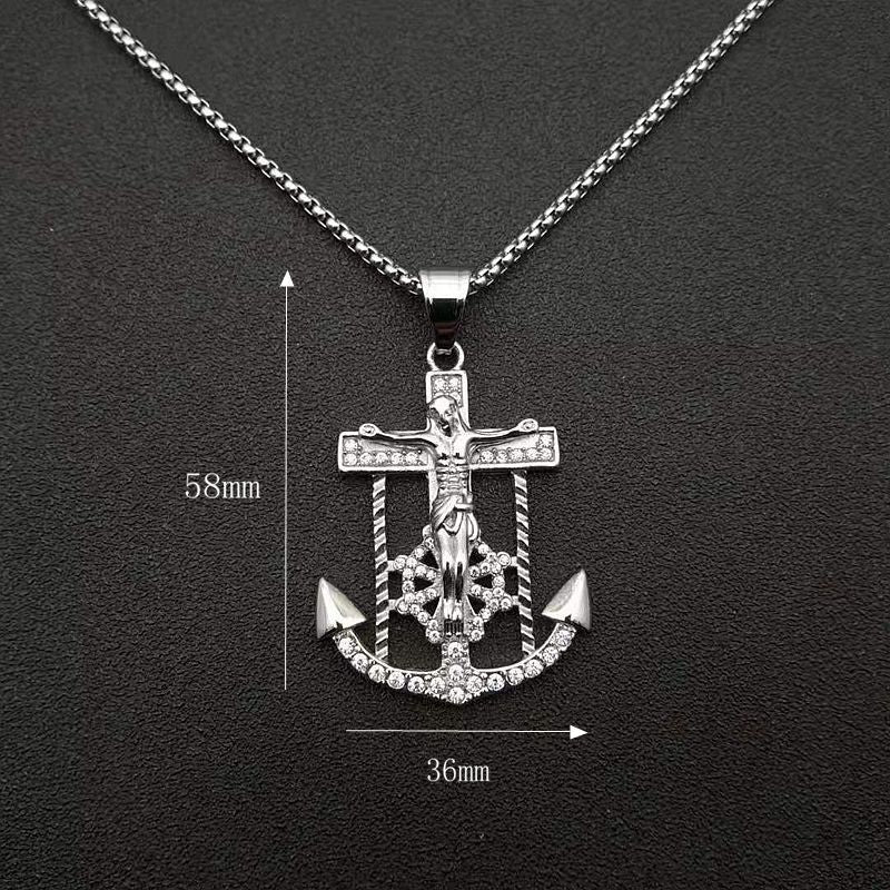 Diamond Cross Anchor Jesus Pendant Necklace