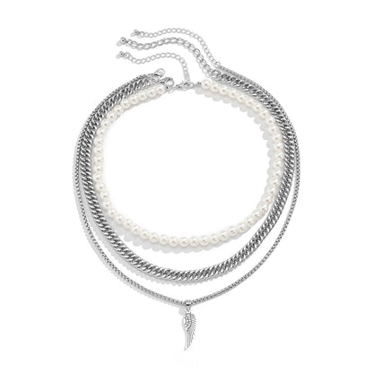 Silver Feather Pendant Multilayer Pearl Chain