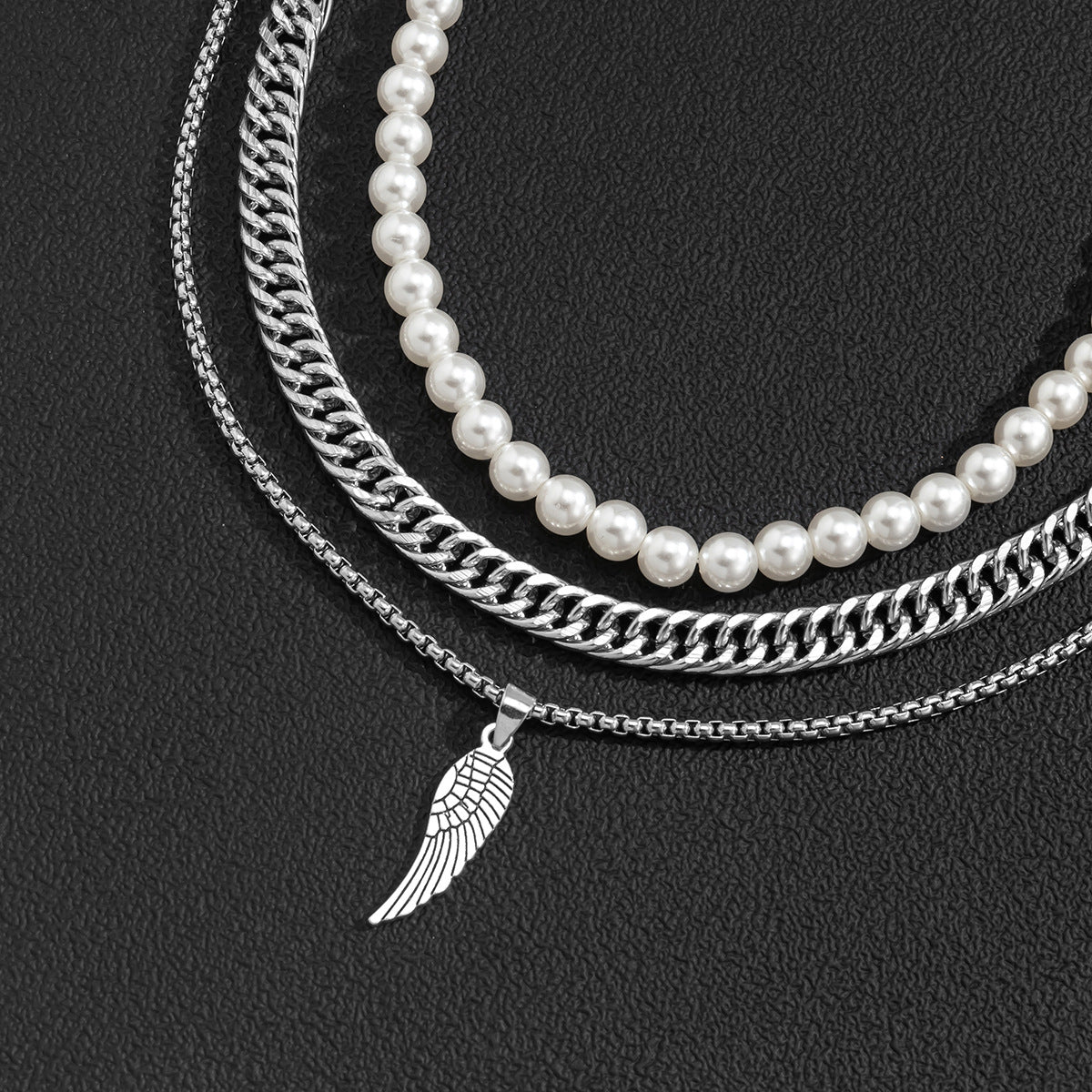 Silver Feather Pendant Multilayer Pearl Chain