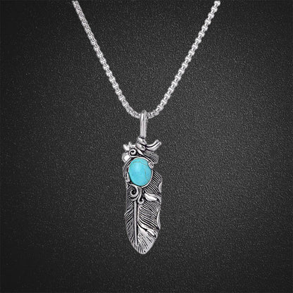 Feather Turquoise Pendant Long Necklace