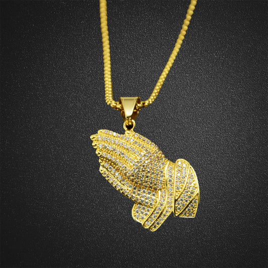 Prayer hand inlaid with diamond pendant Sweater Chain