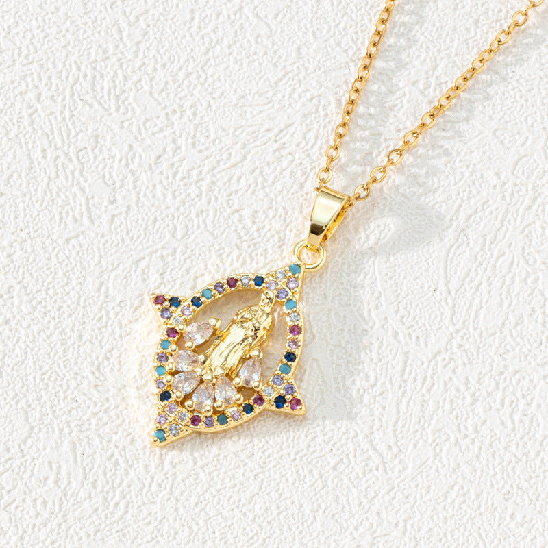 Colorful Diamond Virgin Maria Pendant Necklace