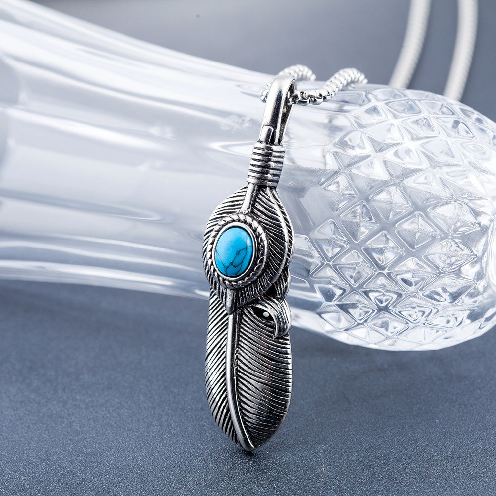 Titanium Steel Turquoise Feather Pendant Necklace