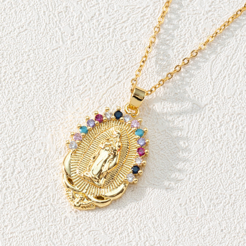 Colorful Diamond Virgin Maria Pendant Necklace