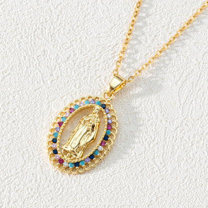 Colorful Diamond Virgin Maria Pendant Necklace