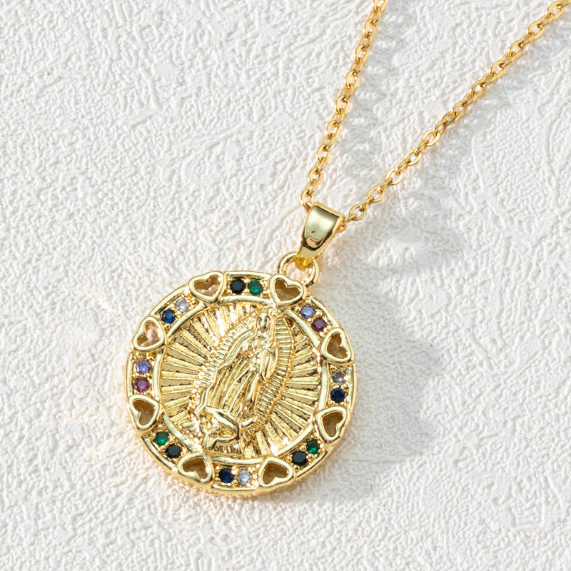 Colorful Diamond Virgin Maria Pendant Necklace