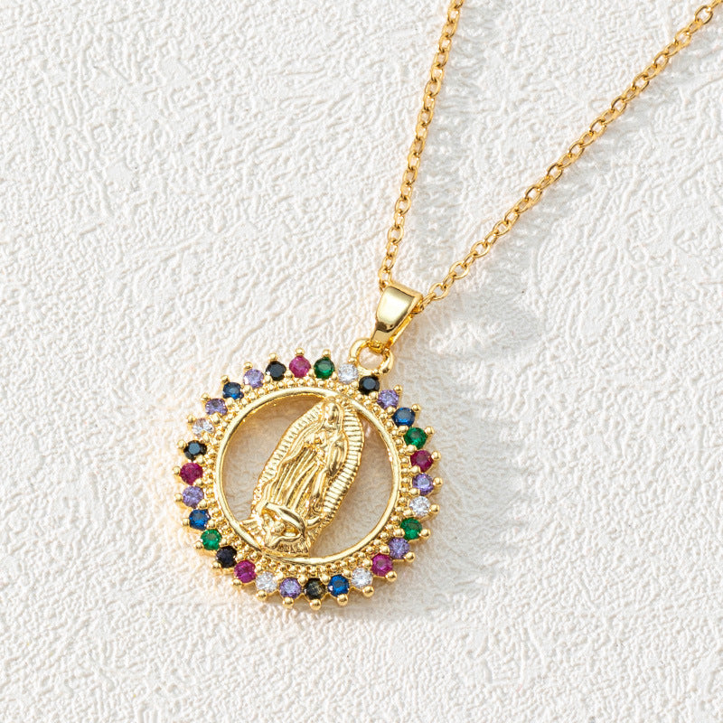 Colorful Diamond Virgin Maria Pendant Necklace